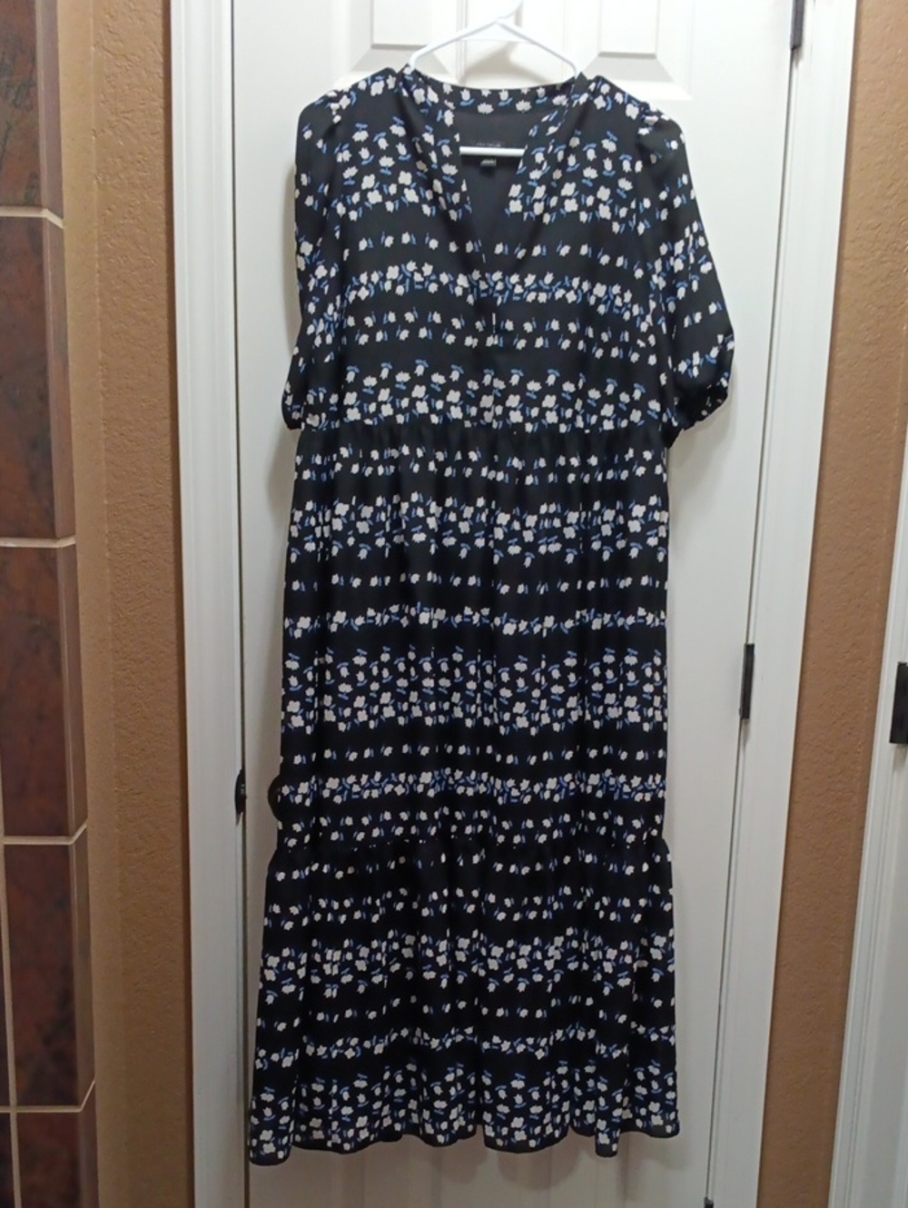 Ann Taylor Black Maxi Dress with Blue & White Floral Motif